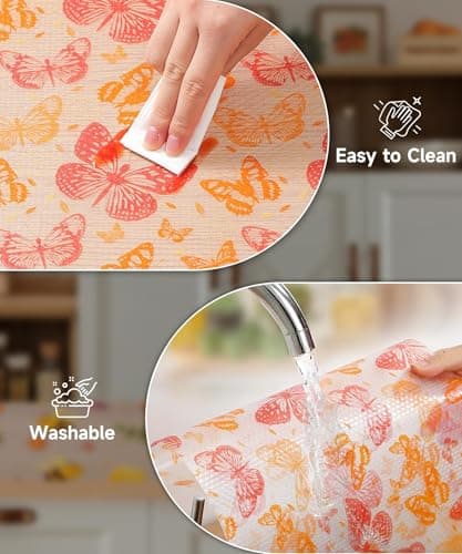 Cooyes Drawer & Shelf Liner for Kitchen Cabinets Non-Adhesive Waterproof Oilproof Reusable Washable Shelf Paper for Refrigerator, Cupboard, Dresser, Easy to Cut (Red Butterfly, 17.7" W x 78.7" L) - Thumbnail 3
