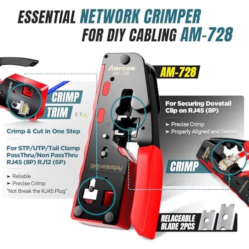 AMPCOM Ethernet Crimping Tool Kit 10-in-1 Pass Through RJ45/RJ11 Network Tool Kit with RJ45 Tester for Cat6/5e RJ45 Connectors, Includes 110 Punch Down Tool & Wire Stripper, Portable Waterproof Bag - Thumbnail 2