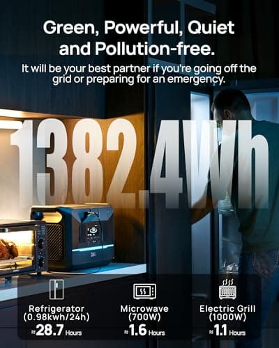 DARAN Generator 1800W (3000W Peak), 1382.4Wh LiFePO4 Portable Power Station with 1Hrs Fast Charge, 20ms UPS Home Emergency Backup for RV, Camping, Off-Grid Power Outage - Thumbnail 3