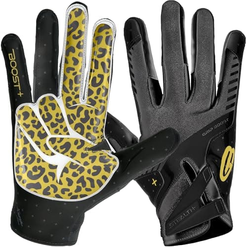 Grip Boost Football Gloves - Peace Stealth 6.0 Boost Plus Sticky Technology - Adult and Youth Football Gloves for Wide Receiver - Men's and Boys Sizes (Black/Gold, Youth Small)