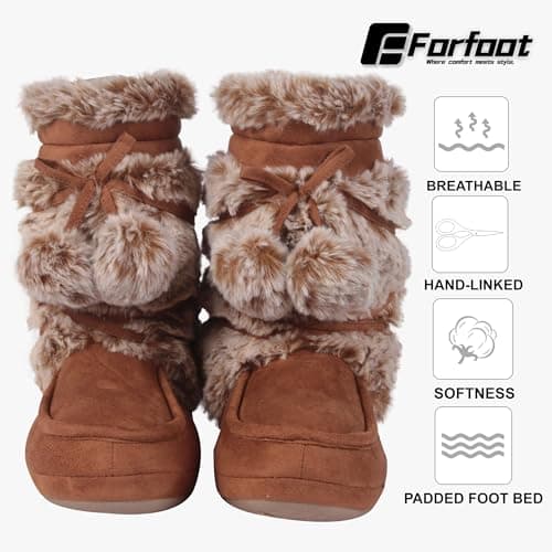 Forfoot House Slippers, Warm Soft Plush Lining Slippers Boots for Women Indoor Anti-Slip Shoes Soft Sole Lace Pom Pom Bedroom Booties Size 9/10 - Thumbnail 4