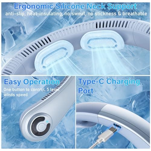 Neck Fan - Portable Neck Fan with Neck Support, 5 Speeds, All Around Airflow, Hand-free Bladeless Personal Cooling Fans, Rechargeable Wearable Fan for Outdoor and Indoor, Festival Gifts for Men Women - Thumbnail 5