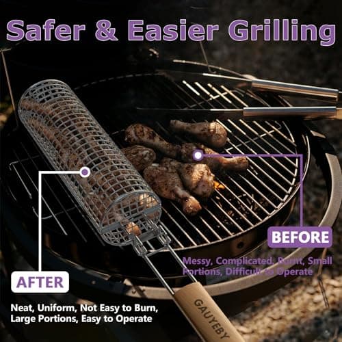 GAUYEBY Rolling Grill Basket, Grill Baskets for Outdoor Grill, REMOVABLE HANDLE, Anti-Scorch Stainless Steel BBQ Net Tube for Meat, Shrimp, Vegetables, Grill Accessories, Gifts for Dad, Husband (Round) - Thumbnail 4