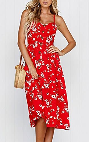 Angashion Women's Dresses-Summer Floral Bohemian Spaghetti Strap Button Down Swing Midi Dress 0860 Red L - Thumbnail 4