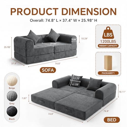 ceamorfco 74.8" Boneless Couch for Living Room, Modular Sectional Sofa Bed with High Back Support & Wide Armrests, Comfy Corduroy Floor Sofa with 2 Pillows, Gray Loveseat Sleeper for Small Spaces - Thumbnail 2