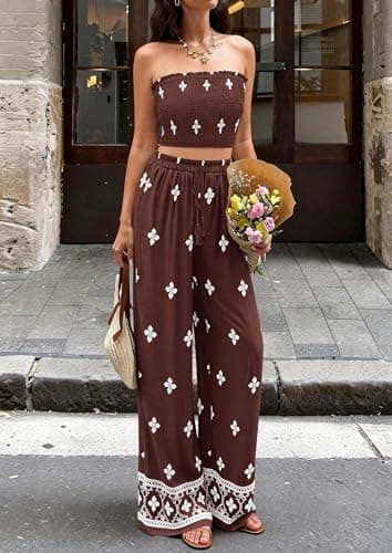 PRETTYGARDEN 2 Piece Sets for Women Summer 2026 Fashion Clothing Boho Tube Tops Wide Leg Pants Cruise Beach Vacation Outfits (Brown,X-Large) - Thumbnail 6