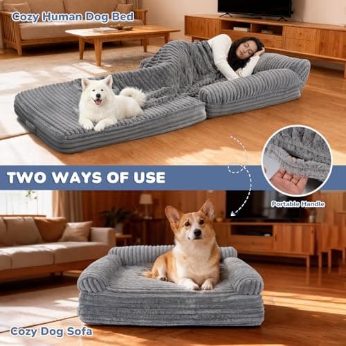 OtterOasis Foldable Human Dog Bed for Adult, Fluffy Faux Angora Human Sized Pet Bed with Blanket, Orthopedic Dog Bed with Egg Foam and Water Repellent Liner (Light Grey (Foldable), 79" Length) - Thumbnail 5