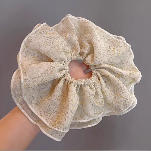 Jseng 2PCS Extra Large Scrunchies for Hair, Boho Floral Hair Ties, Beige and Black - Thumbnail 6