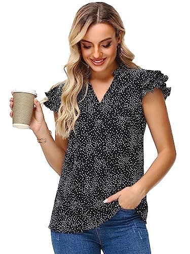 Sucolan Summer Tops for Women Sexy V Neck Shirts Cute Ruffle Sleeve Business Blouses Dressy Casual Polka Dots Black S - Thumbnail 2