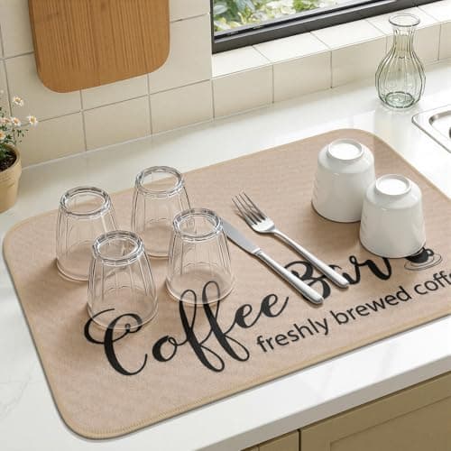 Findosom Dish Drying Mat, 12"x 20" Super Absorbent & Hide Stain Coffee Mat, Cuttable Drying Mat for Kitchen Counter, Coffee Bar Accessories, Under Dish Rack, Coffee Maker, Espresso Machine, Linen - Thumbnail 4
