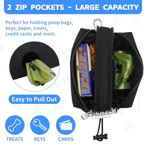 VOXGET Dog Poop Bag Holder for Leashes, Puppy Treat Pouch Carrier with 2 Zipper Pockets and Clip for Pets Doggy Training, Dog Waste Bag Dispenser with 1 Roll Poop Bags for Walking Accessories (Black) - Thumbnail 4