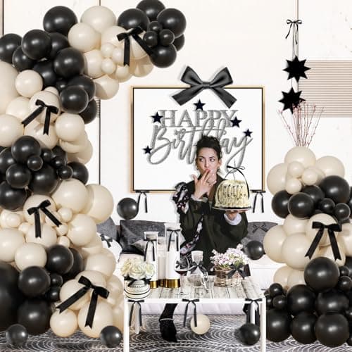 Black and Sand White Balloon Arch Kit 141 Pcs Coquette Birthday Decorations Include Balloons and Black Bow for Wedding Baby Shower Gender Reveal Bow Birthday Decorations - Thumbnail 6
