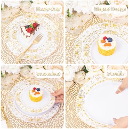 GATHER 350PCS White and Gold Plastic Plates - Gold Disposable Dinnerware Set Include 50 Dinner Plates, 50 Dessert Plates, 150 Gold Plastic Silverware, 50 Napkins, 50 Cups for Wedding & Party - Thumbnail 5