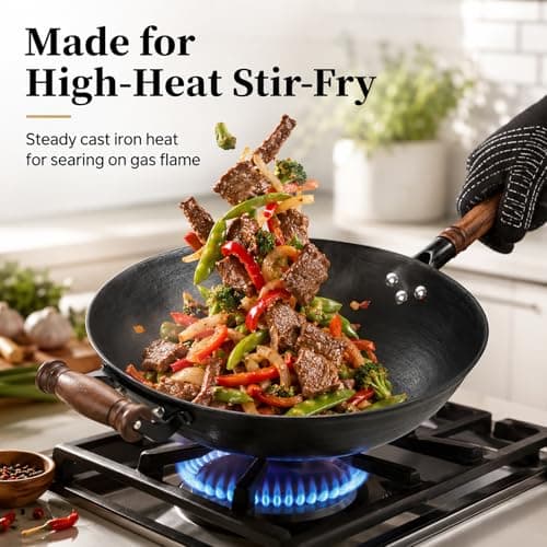 WANGYUANJI 12.6 Inch Round Bottom Cast Iron Wok with Glass Lid, Chinese Stir Fry Pan for Gas Stove & Open Flame, Uncoated Clay-Mold Texture, Wok Ring Required, Seasoning Needed - Thumbnail 4