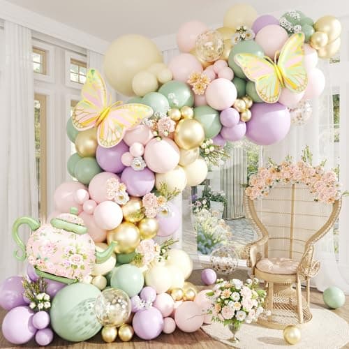 Tea Party Decorations Pastel Purple Pink Sage Green Gold Balloon Garland Arch Kit with Teapot Butterfly Foil Balloon for Tea Party Princess Birthday Spring Garden Baby Shower Bridal Shower Decoration - Image 1