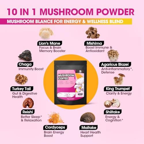 B BEWORTHS Mushrooms Coffee |10 Mushroom with Ashwagandha, Prebiotics, L-theanine, Lion's Mane, Reishi, Chaga, Turkey Tail, Arabica Instant Coffee Support Immune, Brain Focus, Gut Health | 60 Servings - Thumbnail 3