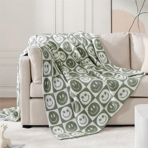 WRENSONGE Checkered Throw Blanket Seagrass Smiling Face Soft Cozy Fluffy Warm Hand Made Throw Blankets for Couch, Sofa, Chair, Bed, Camping, Picnic, Travel Lightweight Bed Blanket - 50"*60" - Image 1