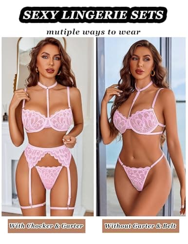 Avidlove Sexy Lingerie Set Choker Floral Lace Sheer Underwire Push Up Garter Belt 3 Piece Bralette And Panty Sets Pink - Thumbnail 3