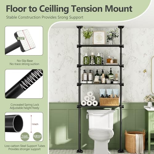 Bonpally Over The Toilet Storage Shelf, 4-Tier Adjustable Bathroom Organizer, No Drill Tension Mounted Shelves, Space-Saving Bathroom Cabinet Rack Above Toilet for Small Rooms, Black - Thumbnail 5