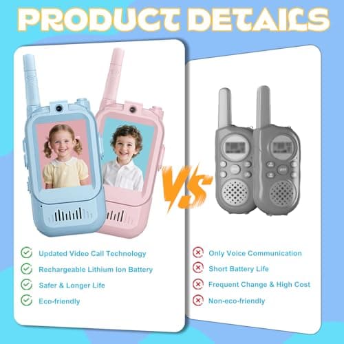 Video Walkie Talkies Gift Toys for Age 3-12 Boys Girls，Kids Walkie Talkie with Screen，Voice Changer and 1000 Feet Long Range 2 Pack Rechargeable Walkie-Talkie for Indoor Play, Camping, Hiking, Game - Thumbnail 2