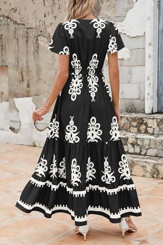 PRETTYGARDEN Womens 2026 Summer Casual V Neck Boho Maxi Dress Flowy Aline Bell Sleeve Tiered Floral Dresses with Pocket (Floral Black White,XX-Large) - Thumbnail 2
