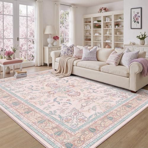 DCX Area Rug 4x6 Botanical Floral Washable Rugs in Pink and Blue Soft Non Slip Low Pile Stain Resistant Carpet for High-Traffic Areas Bedroom Kitchen Entryway - Thumbnail 2