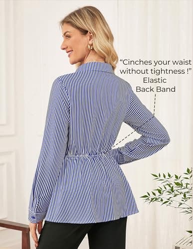 GRACE KARIN Peplum Tops for Women Tie Front Striped Button Down Shirt Collared Long Sleeve Business Casual Work Office Blouse Blue - Thumbnail 6