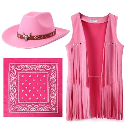 PARTTELY Western Outfits for Women Cowgirl Tassel Sleeveless Vest Cowboy Hat and Paisley Bandana （pink） - Thumbnail 3