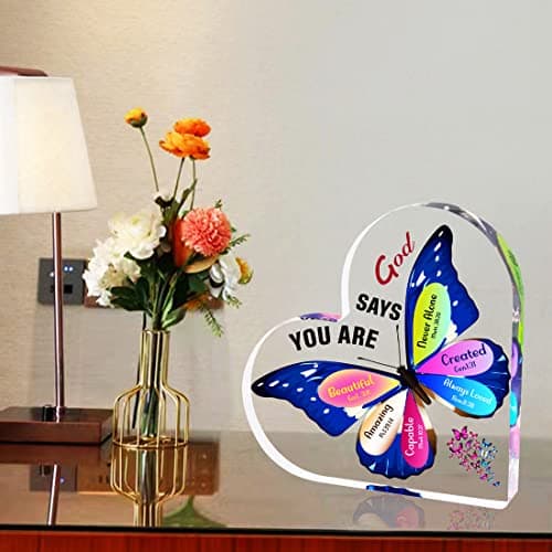 JUNQIU Christian Gifts for Women, Inspirational Faith Gifts for Women Religious, Bible Verse and Encouragement Butterfly Desk Decor, Gift for Mom, Friend, Sister- Acrylic Hearts Plaques - Thumbnail 6