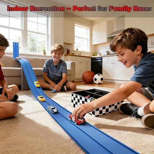 Flexible Race Track 15 Ft Starter Set, Flex Tracks for Kids 3+ with Strong Suction Cups, Flexible Car Race Ramp Track Compatible with Hot Wheels and Diecast 1/64 Cars, Portable Rolls Up Race Tracks - Thumbnail 3