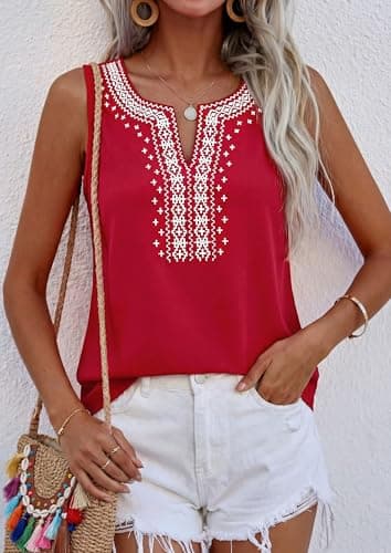 PRETTYGARDEN Womens Tank Tops 2026 Summer Causal V Neck Sleeveless Shirts Floral Print Embroidered Beach Vacation Boho Top(Red,Large) - Thumbnail 5
