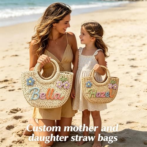 KEQHAULI Custom Straw Beach Bag for Women, Bridesmaid Beach Bag with Name, Handheld Woven Tote for Wedding Party Gifts, Personalized Flower Girl Basket, Summer Vacation Cruise Essential - Thumbnail 2