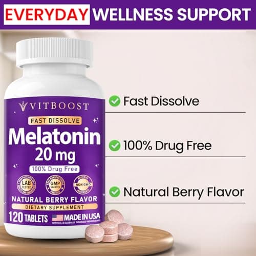 VITBOOST Melatonin 20 mg – 120 Fast Dissolve Tablets – Natural Berry Flavor – High Potency Sleep Aid – 100% Drug Free, Non-GMO, Made in USA - Thumbnail 5