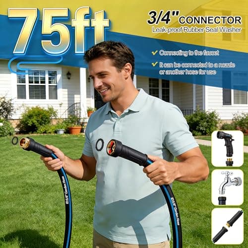 Water Hose 75FT Non-expandable, Durable Outdoor Rubber Hoses with Leak-proof Male to Female Fittings，Portable Garden Hose Manguera Para Jardin for Yard，Lawn Watering, Car Wash - Thumbnail 5