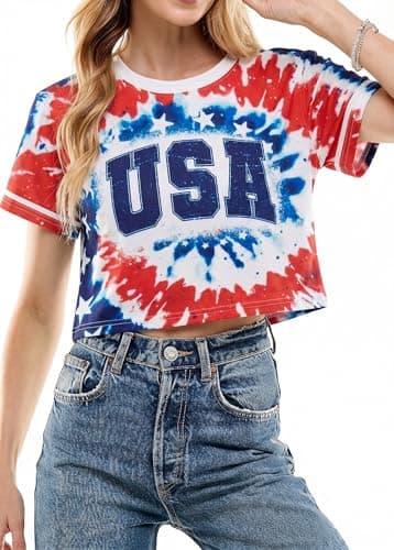 USA Crop Tops 4th of July Shirts Women 250th Anniversary USA Shirt Patriotic Tshirts American Flag and Star Tee - Thumbnail 2