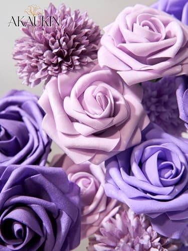Purple Artificial Flowers Combo, Fake Silk Dahlia Roses, Chrysanthemum Ball with Stems for Wedding Bridal Bouquets, Baby Shower, Party, Table Centerpieces, Home Decor & DIY Floral Arrangements - Thumbnail 3