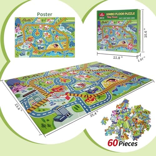 Beeqoo Jumbo Floor Puzzle for Kids Ages 3-5, Giant City Race Tracks Jigsaw Puzzles for Toddler 2-4 (60pcs 35.4x23.4 Inch Extra-Thick Cardboard), Educational Preschool Toy for 4-6 Year Old - Thumbnail 5