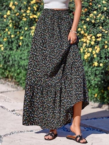 BTFBM Womens Boho Maxi Skirt 2026 Summer Floral High Waisted Flowy Tiered Long Spring Beach Vacation Skirts Pockets(Floral Black Red, X-Large) - Thumbnail 6