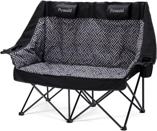 High Back Double Camping Chair Padded Folding Loveseat with Adjustable Pillows Heavy Duty 2 Person Camping Lawn Chairs for Adults with Cup Holders & Wine Racks for Outdoor Sports Beach Fishing