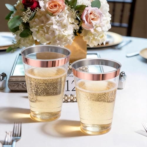200 Pack 12oz Plastic Cups with Rose Gold Rimmed - Sturdy & Food Safe Plastic Wine Glasses Wedding Cups Party Cups Clear Cups Plastic Cocktail Glasses for Wine, Juice, Cocktails and Cold Beverages - Thumbnail 2