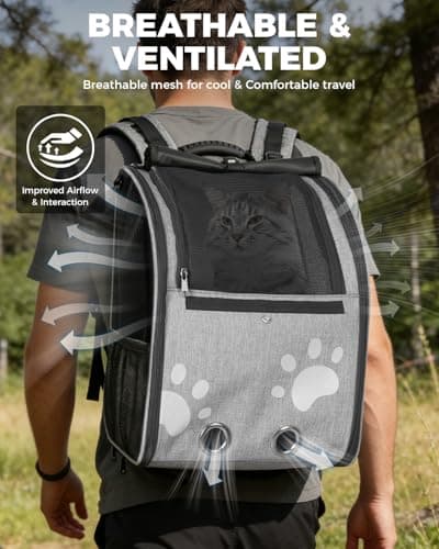 MOYSOON Cat Carrier Backpacks for Kitty Small Dog up to 15 lbs, Lightweight and Foldable Dog Backpack Carrier with Breathable mesh for Travel, Walking, Hiking, Camping and Vet (Grey) - Thumbnail 3