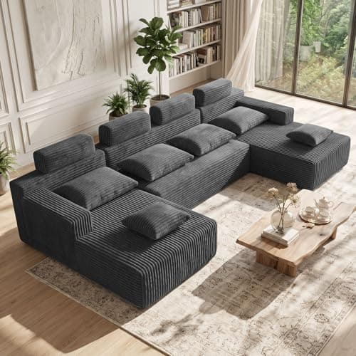 Boneless Couches for Living Room - 134" Modular Sectional Sofa U Shaped Oversized Deep Seat High Back Corduroy No Assembly Modern Cloud Big Comfy Floor Couches (Grey) - Image 1