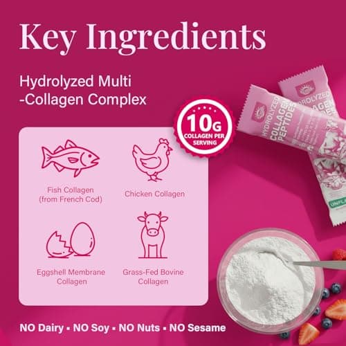 Multi Collagen Peptides Powder - 10g Hydrolyzed Collagen Peptides Type I, II, III, V & X with Biotin, Hyaluronic Acid & Prebiotics, Support Hair, Skin, Nail, Bone & Digestive Health, Non-GMO丨30 Sticks - Thumbnail 2