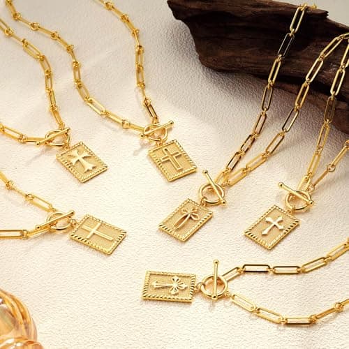 Eaciy Cross Necklace for Women Trendy, 18K Gold Plated Cross Pendant Charm Necklace Dainty Paperclip Chain Religious Jewelry Gifts for Christian Faith, Baptism, First Communion Style4 - Thumbnail 6