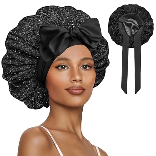 Vettres Satin Hair Bonnet for Sleeping Double Layer Bonnet with Tie Band Glittering Mesh Sleep Cap for Curly Natural Hair Black - Image 1