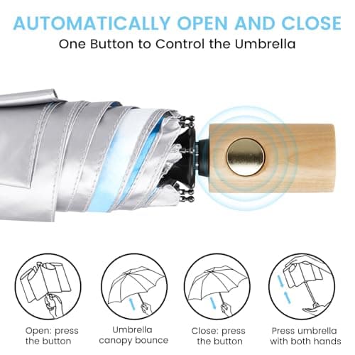 G4Free UPF 50+ UV Protection Travel Umbrella with Wooden Handle, 42 Inch Lightweight Sun Rain Folding Umbrellas Auto Open Close (Sky) - Thumbnail 3