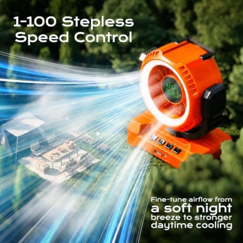 Cordless Camping Fan with Light, 20000mAh Battery Powered Tent Fan with Powerful Airflow, 1-100 Adjustable Speed, 12H Timer, Digital Display Oscillating Desk Fan for RV, Travel, Bedroom, Power Outage - Thumbnail 2