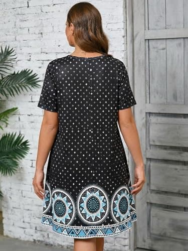 AusLook Plus Size Floral Midi Dress for Women Casual Summer Short Sleeve A Line Swing 2X Dress with Pockets Round Neck Flowy Knee Length T Shirt Vacation Beach Sundress - Thumbnail 5