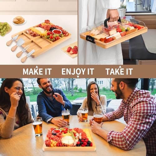 CAWIU Charcuterie Board with Lid and Handle - Portable Travel Design Bamboo Cheese Board Set with 4 Cheese Tools, Gift for Housewarming, Weddings, Picnics (8 Compartments, Black) - Thumbnail 3