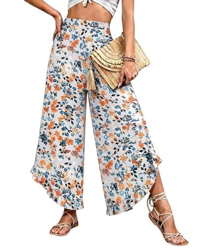 IEEILULU Wide Leg Pants for Women - Beach Pants for Women Flowy Floral Palazzo Pants High Waisted Pants Beach Vacation Outfits Yellow Small Flower M - Image 1
